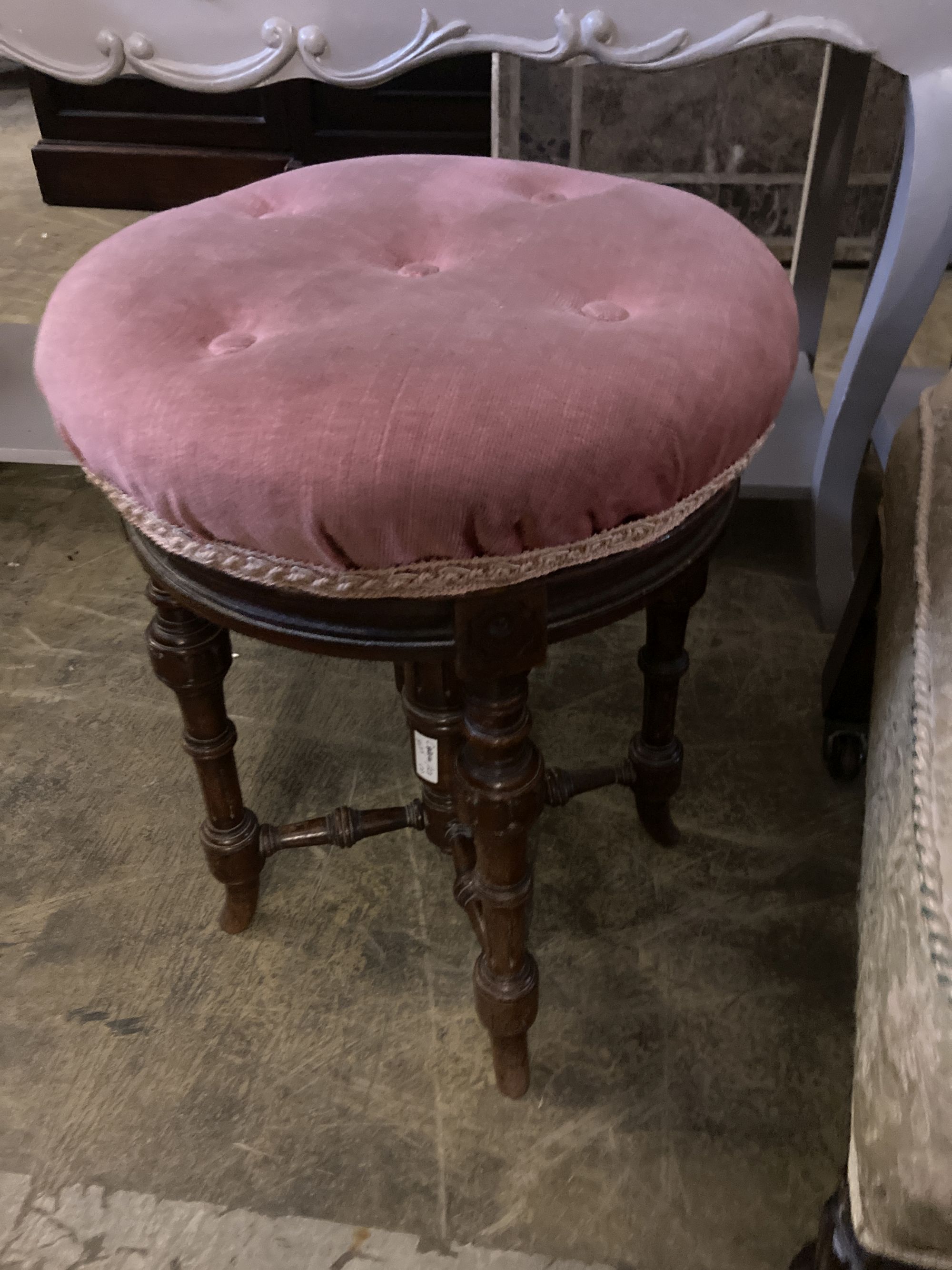 A late Victorian walnut piano stool by Shoolbred & Co, together with an early Victorian upholstered side chair